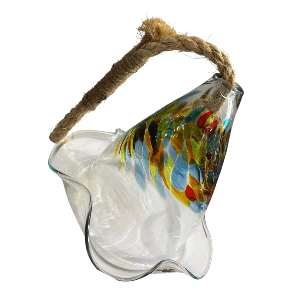 Hand Blown Art Glass Hummingbird Feeder With Rope Hanger Made In Canada